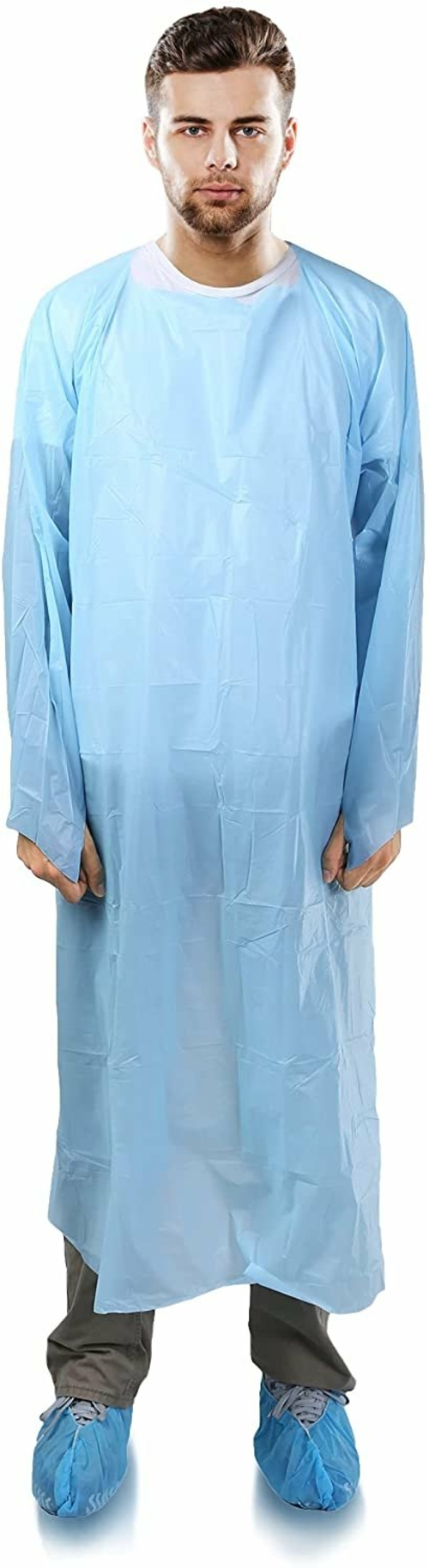 Disposable Isolation Gowns 45" Long. Pack of 200 Blue CPE Robes