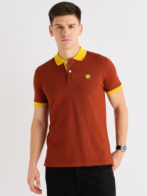 Men's Printed Pure Cotton Polo T-Shirt (Color Dark Rust & Mustard)
