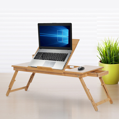 HOMCOM Adjustable Bamboo Laptop Tray Desk Notebook Table with Side