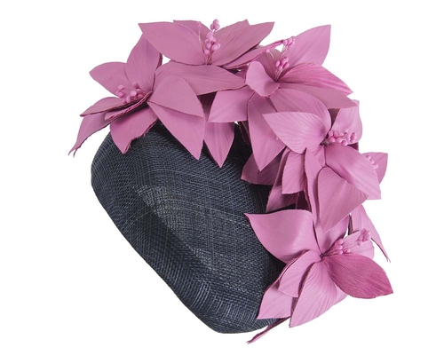 Navy & fuchsia pillbox with leather flowers 