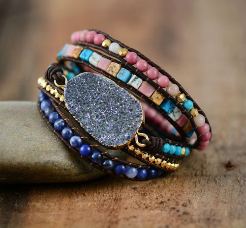 Women Leather Bracelets Unique Natural Stones