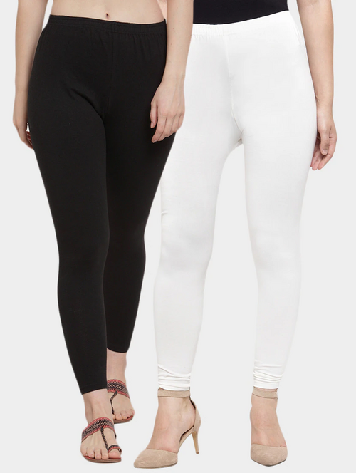 Women's Solid Ankle-Length Leggings (Pack of 2)(SizeL)(ColorWhite &