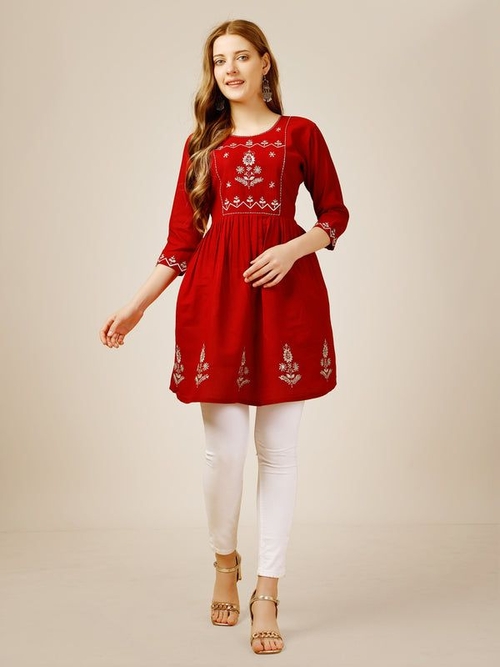 Women Embroidered Rayon Top (Size-42) (Color-RED)