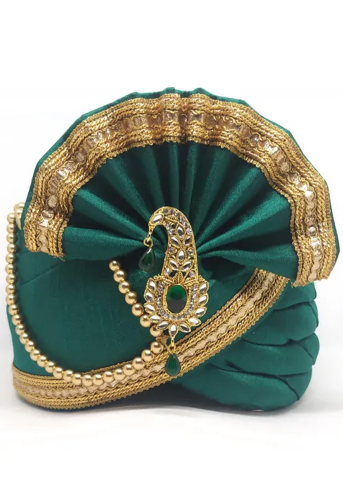 Men's Embellished Dupion Silk Turban/Pagri (Color-GREEN)