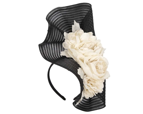 Large black & cream racing fascinator with flowers