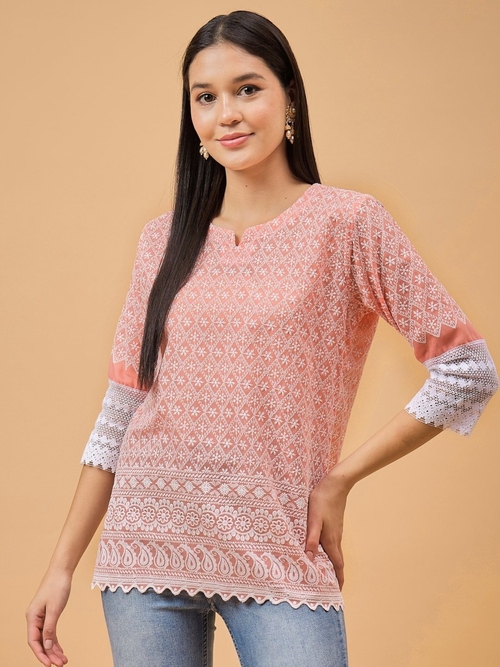 Women Lace Embellished Chikankari Cotton Tunic (Color Peach) (Size M)
