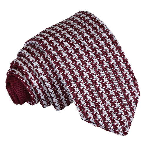 Houndstooth Knitted Slim Tie - White & Burgundy