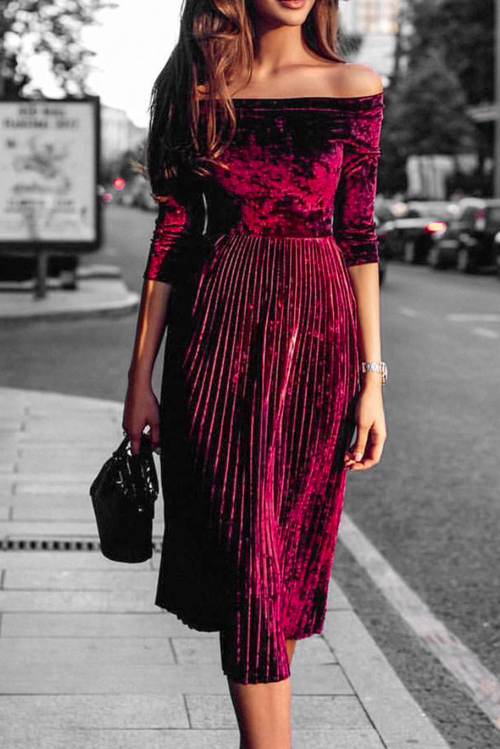 Wine Velvet Off Shoulder Half Sleeve Pleated Midi Dress