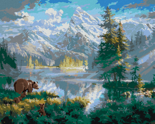 Paint by Numbers - BEAR WITH CUBS, LAKE AND MOUNTAINS (ABRAHAM HUNTER)