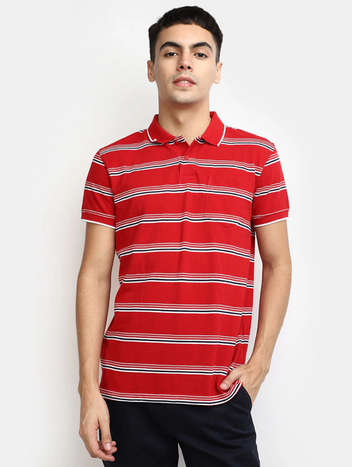 Men Short Sleeved Striped T-Shirt (Size-M) (Color-Red)