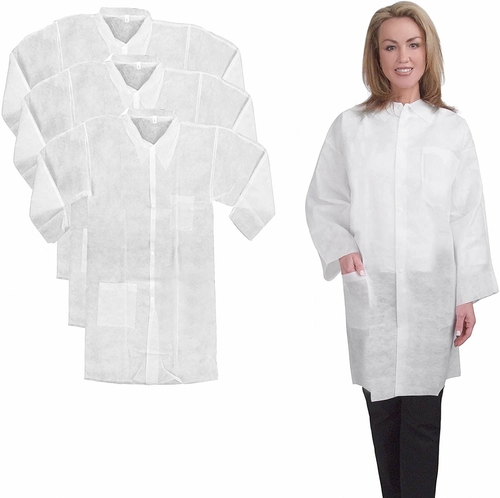 Poly Lab Coats. Pack of 25 White Spunbond Polypropylene Lab Coats