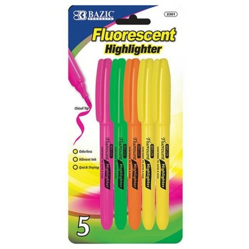 Bazic 2301  Pen Style Fluorescent Highlighter w/ Pocket Clip (5/Pack) 
