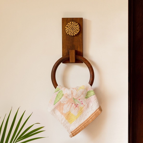 Floral Block' Hand Carved Towel Ring Holder In Sheesham Wood