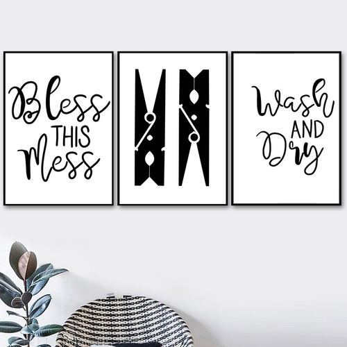 Wash Dry Clothespin Laundry Black White Wall Art