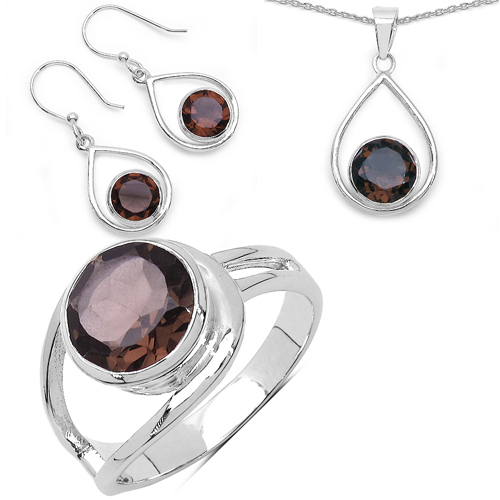 9.70 Carat Genuine Smoky Quartz .925 Sterling Silver Ring, Pendant and