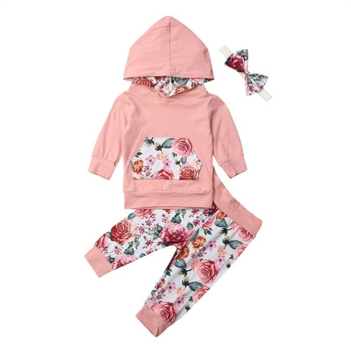 0 24M Baby Floral Hooded Clothes Set Toddler