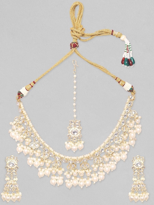 Gold Plated Kundan Studded Pearl Beaded Jumkhas & Necklace Set
