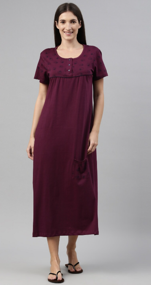 Women Printed Pure Cotton Nightdress Wine(Size S)