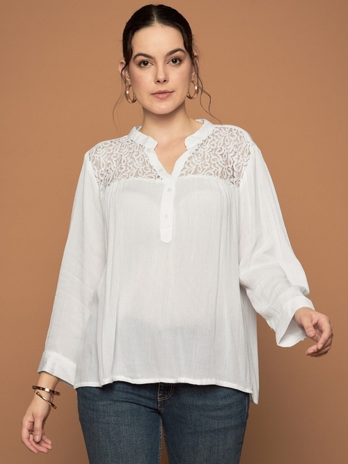 Women Floral Lace Trim Crinkled Rayon Solid Tunic (Color White) (Size