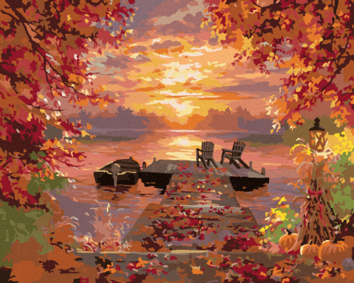 Paint by Numbers - SITTING AREA ON THE PIER, BOAT, AUTUMN TREES AND