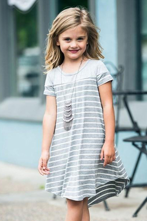Gray Colorblock Patchwork Striped Girls’ Dress