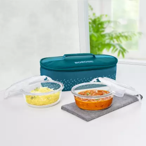 Teal Lunch Box with Bag, 2 Pc (400 ml x 2 Round), Horizontal Tiifin 2