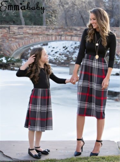 Women Family Matching Plaid Dress Long Sleeve