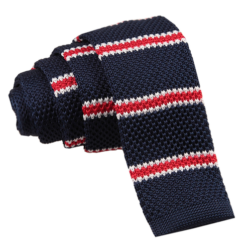 Knitted 3 Thin Stripe Skinny Tie - Knitted Navy with Red & White Thin