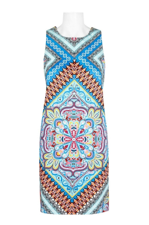 London Times Crew neck Sleeveless Zipper Back Multi Print Sheath