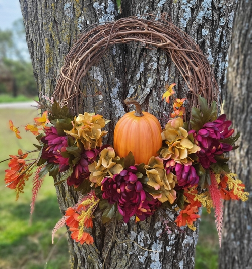 Faux Fall Floral and Pumpkin Wreath