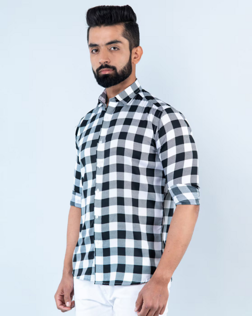 Stylish long Sleeves Cotton Check Shirt For Men Black&White