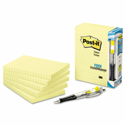 3M 6605PK Bonus Pack  4 x 6  Lined  Canary Yellow  5 100-Sheet Pads/Pa