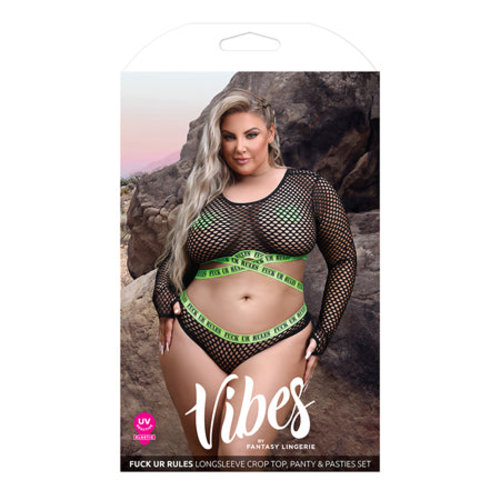 Vibes Fuck Ur Rules UV Reactive Longsleeve Fishnet Top, Panty, Pasties