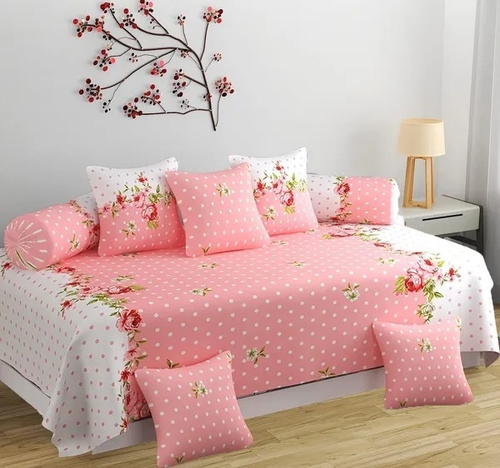 Diwan Set -Single Flat Bedsheet With 2 Bolster Covers And 5 Cushion