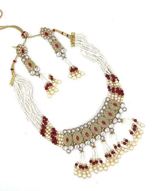 Gold-Plated Stone-Studded Pearl Drop Necklace & Earrings Set