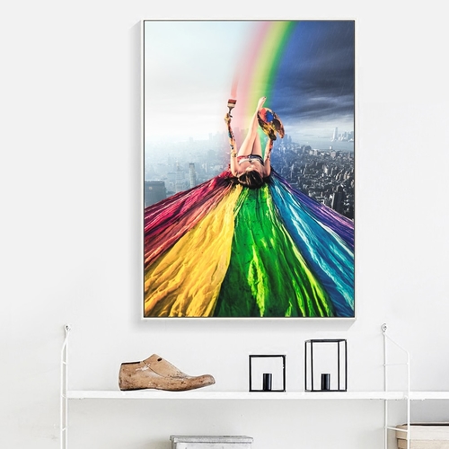 Girl Rainbow Landscape Wall Art Canvas