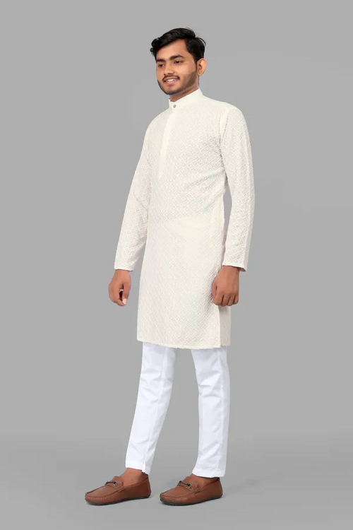 Rayon Lakhnavi Kurta Pyjama For Men (Size-40) (Color-WHITE)