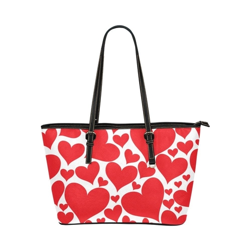 Large Leather Tote Shoulder Bag - with Black Handle Love Red Hearts