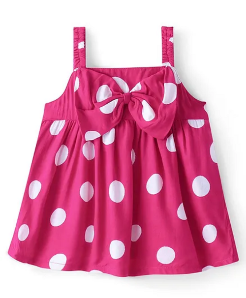 Rayon Woven Sleeveless Top With Bow Applique & Polka Dot Print- Pink