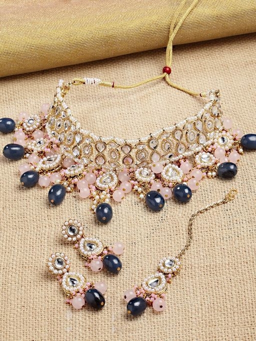 Gold Plated Blue and Pink Kundan Choker Necklace Set
