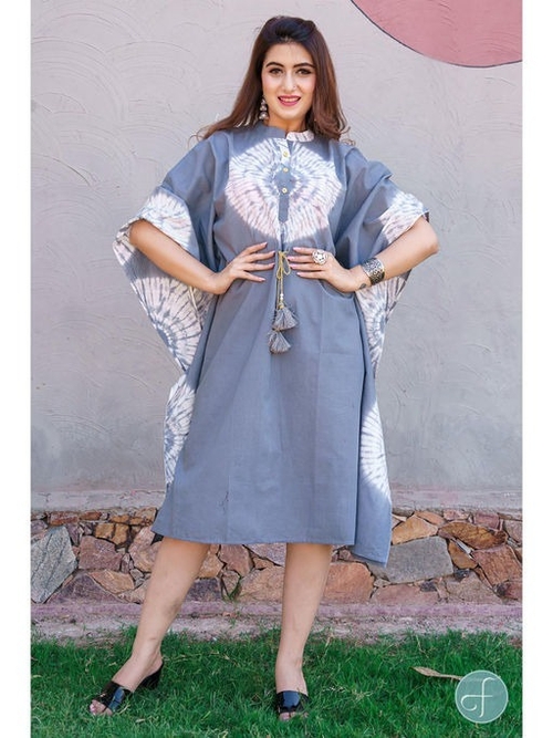 Elegant Grey Shibori Block Print Kaftan Dress