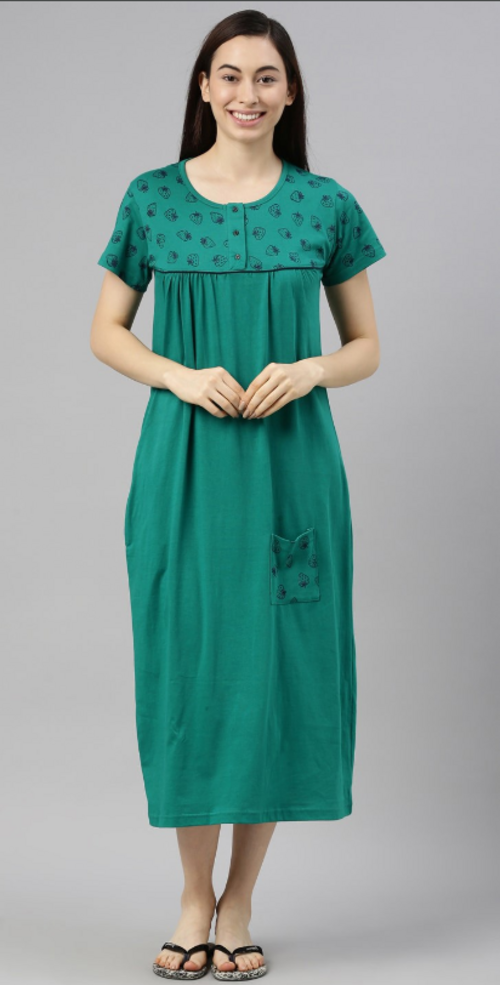 Women Printed Pure Cotton Nightdress Sea Green(Size L)