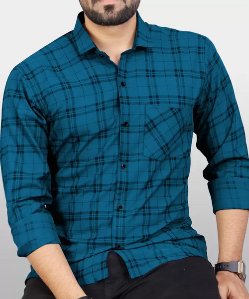 Men Regular Fit Checkered Spread Collar Casual Shirt Dark Blue (Size