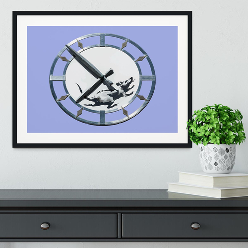 Banksy New York Clock Rat Blue Framed Print