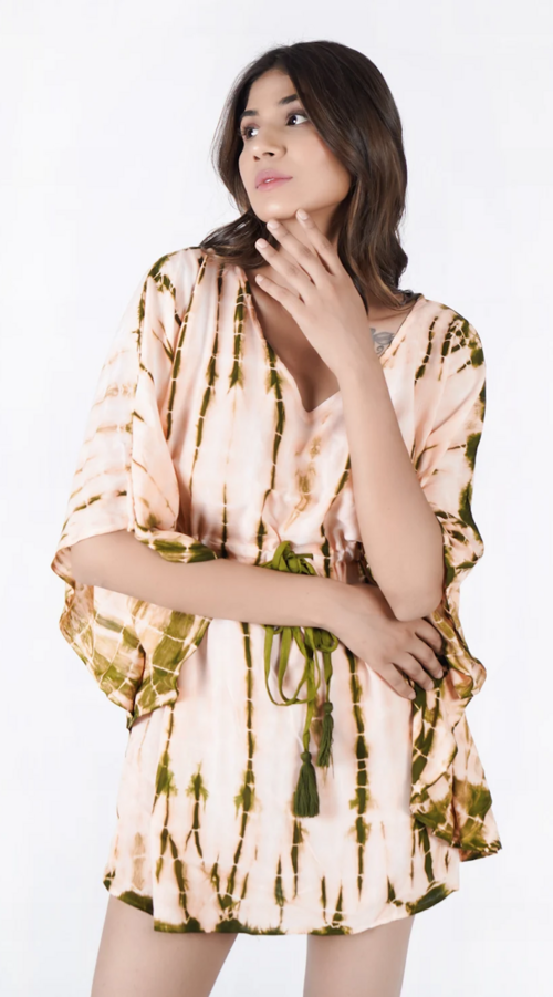 Women's Handmade Tie Dye V Neck Kaftan Dress (Color Beige) (Size XL)