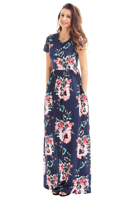 Pocket Design Short Sleeve Navy Blue Floral Maxi Dress