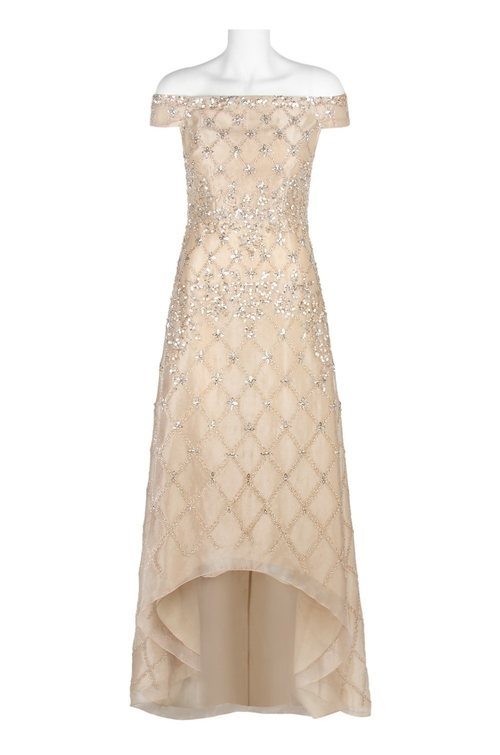 Adrianna Papell Off-Shoulder Short Sleeve Zipper Back Embellished High