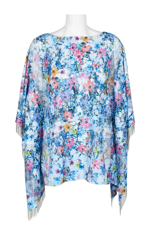 T Tahari Boat Neck Cape Sleeve Tassel Floral Print Lace Top