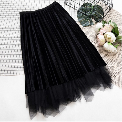 Women Gold Velvet Pleated Skirt 2019