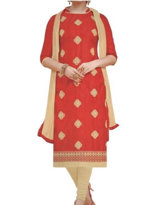 Red Embroidered Bhagalpuri Silk Unstitched Dress